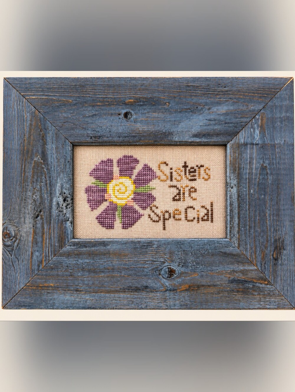 "Sisters Are Special" Framed Cross Stitch Rustic Wood Folk Art  11x8.5